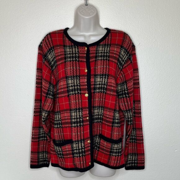 Crystal Kobe Red Plaid Cardigan Sweater Gold Button Front Pockets Women Small - Picture 10 of 10